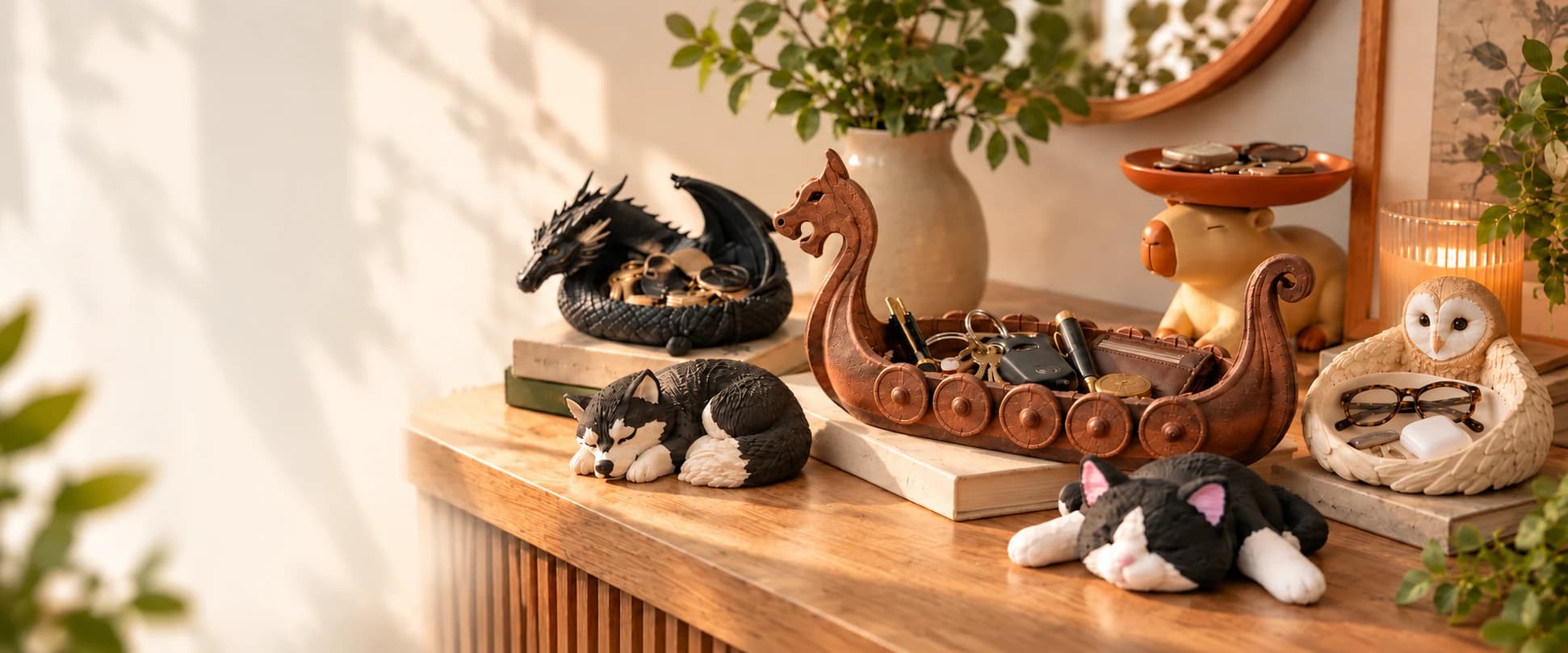 A copper Viking ship tray, curled dragon, sleeping pets and owl organizer on a sunlit wooden console